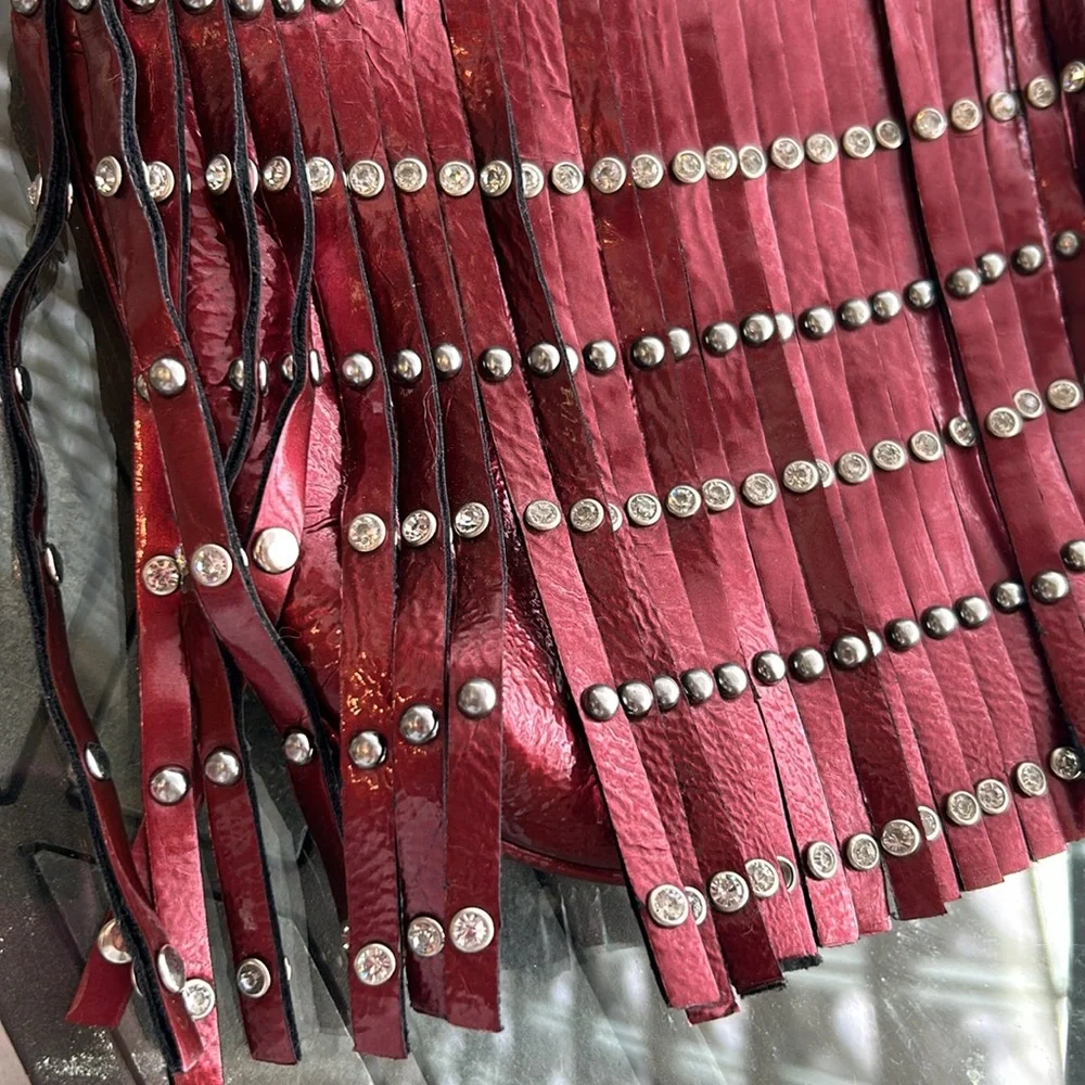 Western Faux Leather Fringe Purse‎ Rhinestones Studded Embossed Cowgirl Red